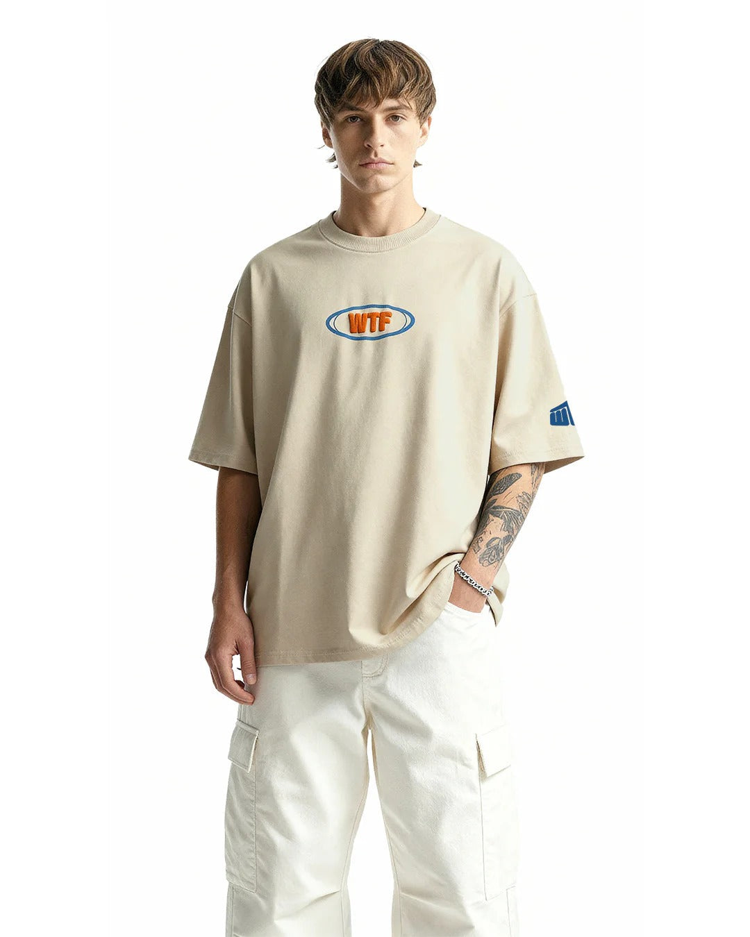 Clostar Oversized Embroidered Graphic T-Shirt – Beige Premium Cotton Relaxed Fit