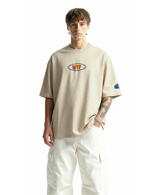 Clostar Oversized Embroidered Graphic T-Shirt – Beige Premium Cotton Relaxed Fit